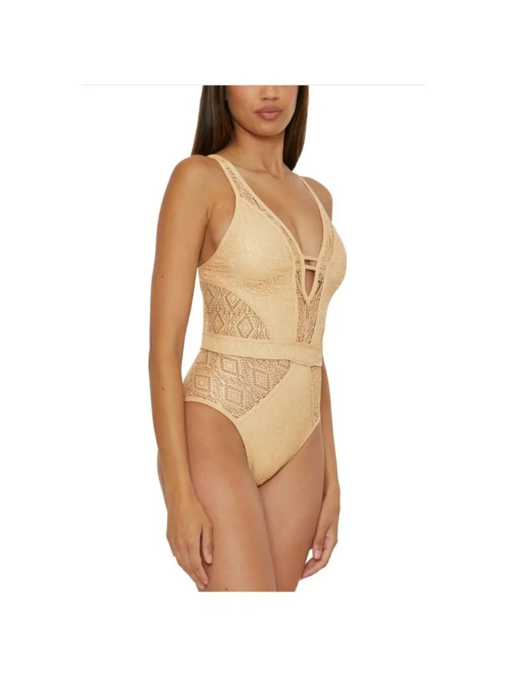Becca Color Play Crochet Plunge One-Piece Swimsuit, Gold, M-NO REMOVABLE CUPS - Picture 2 of 15